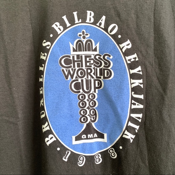 VINTAGE 80s Chess World Cup tee t-shirt top black short sleeve shirt graphic S - Picture 3 of 9